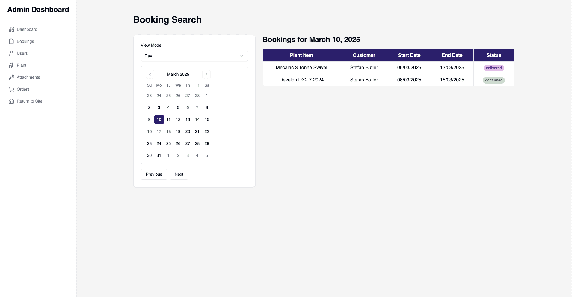 DG Davies Plant Hire booking calendar screenshot